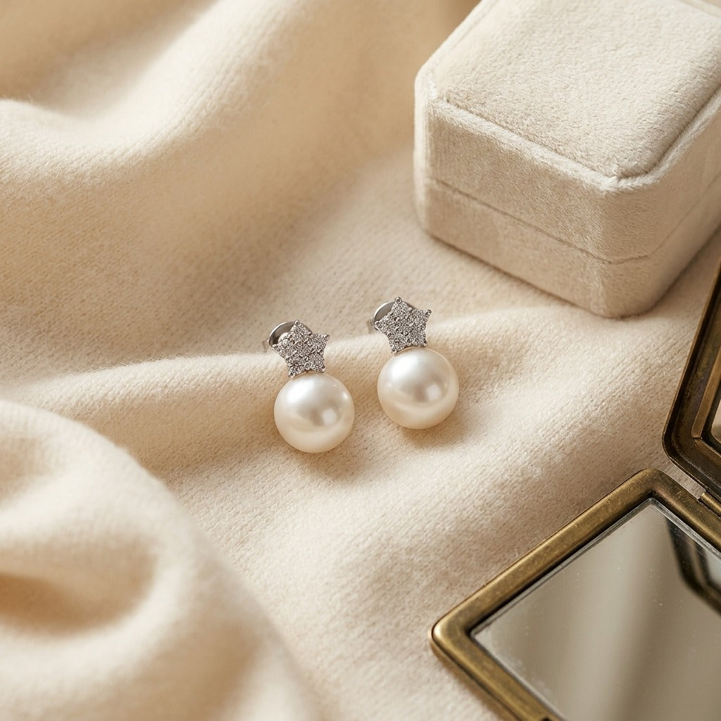 White Pearl & Diamond Earrings with Star Pave Post in 14K White Gold - flat lay