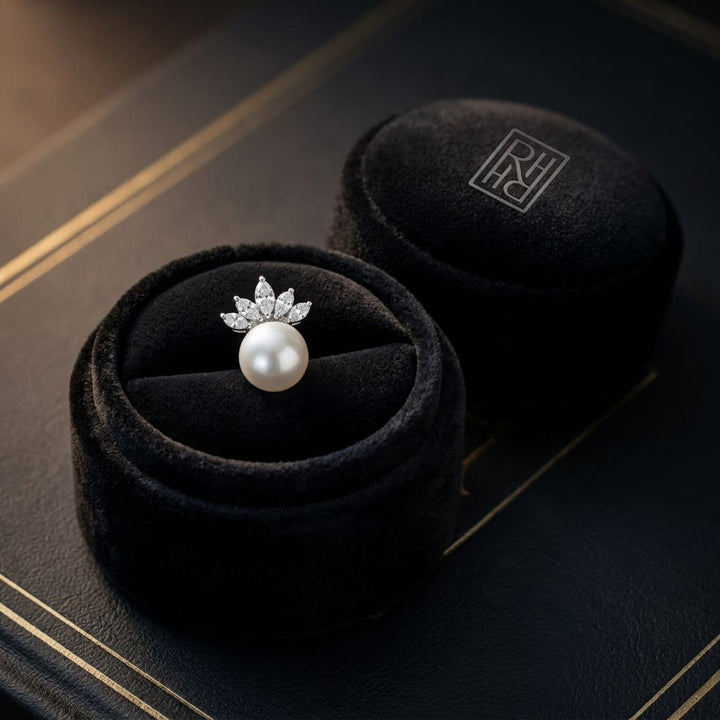 Pearl and Diamond Earrings in 14K White Gold, in navy velvet jewelry box