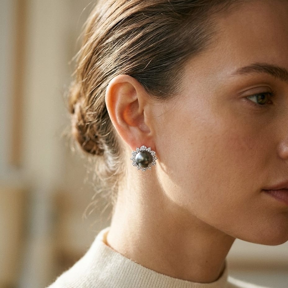 Tahitian Pearl & Diamond Earrings with Arabesque Border in 14K White Gold - lifestyle