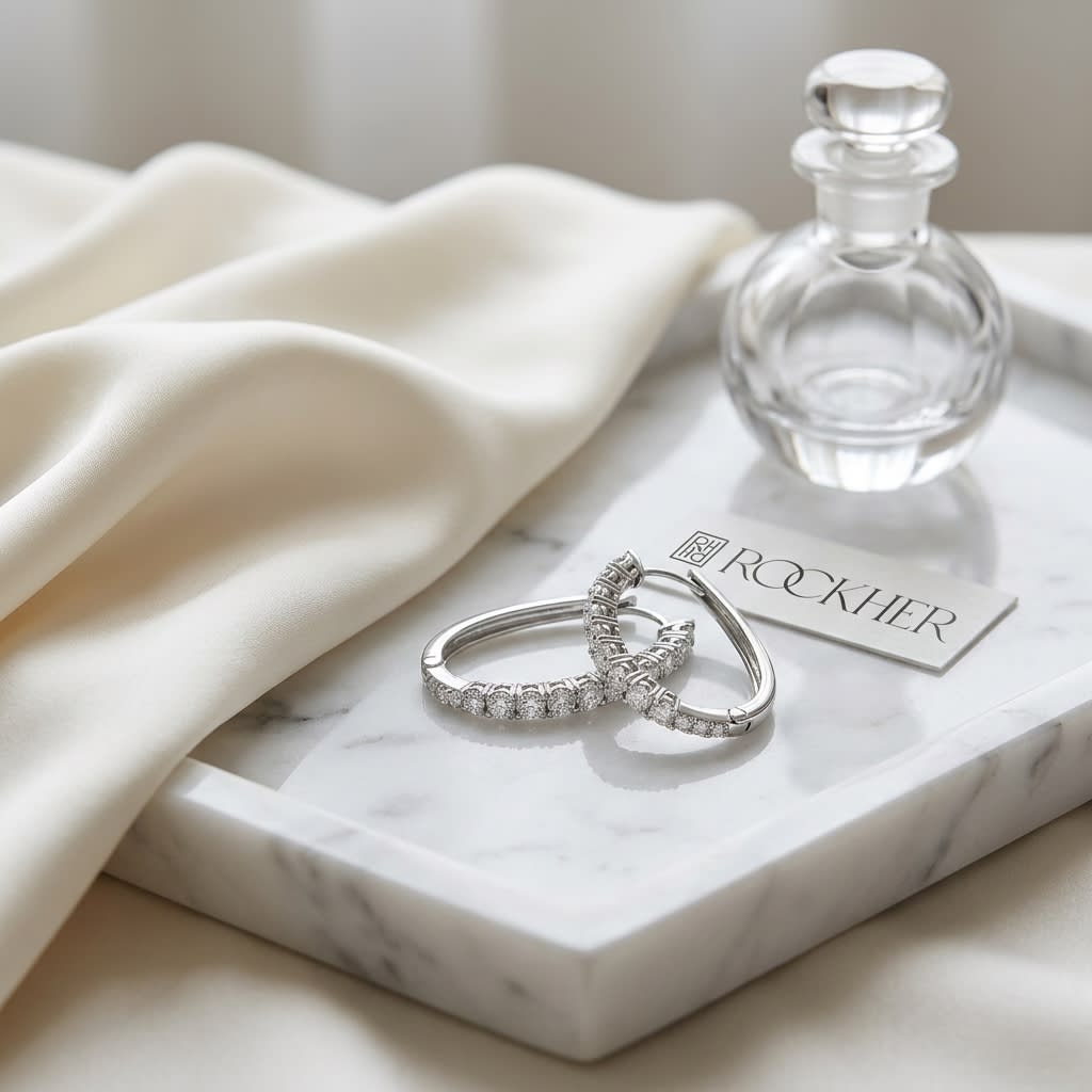 Diamond Pave Single Row Outside Oval Hoop Earrings in 14K White Gold, on marble vanity tray with silk