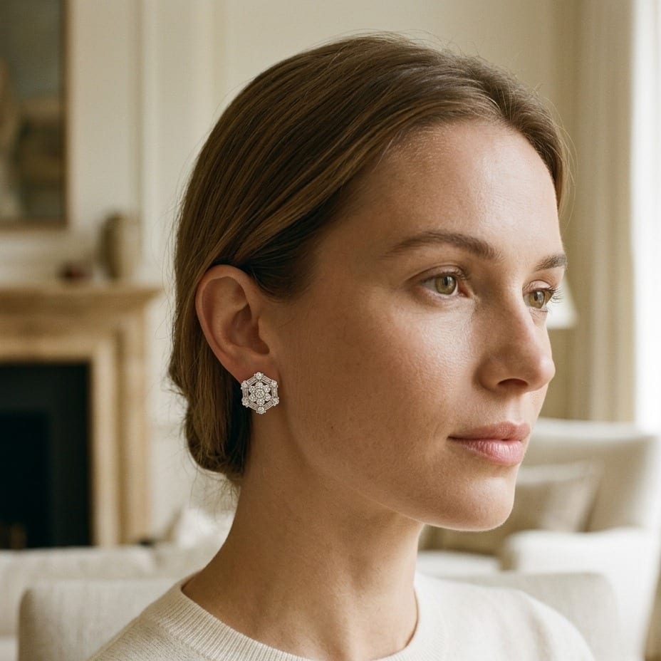 Diamond Cluster Earrings with Octagon Dangles in 14K White Gold - lifestyle