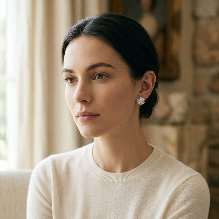 Diamond Cluster Earrings with Octagon Dangles in 14K White Gold - on model