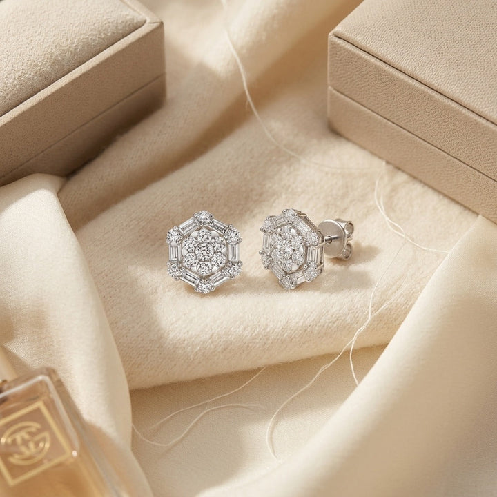 Diamond Cluster Earrings with Octagon Dangles in 14K White Gold - flat lay