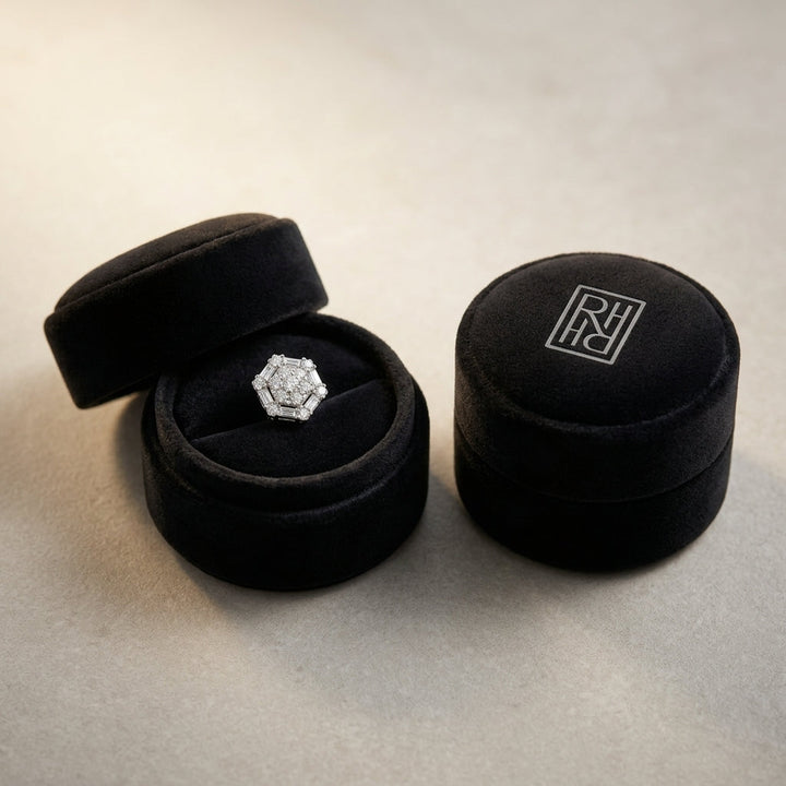 Diamond Cluster Earrings with Octagon Dangles in 14K White Gold - presentation