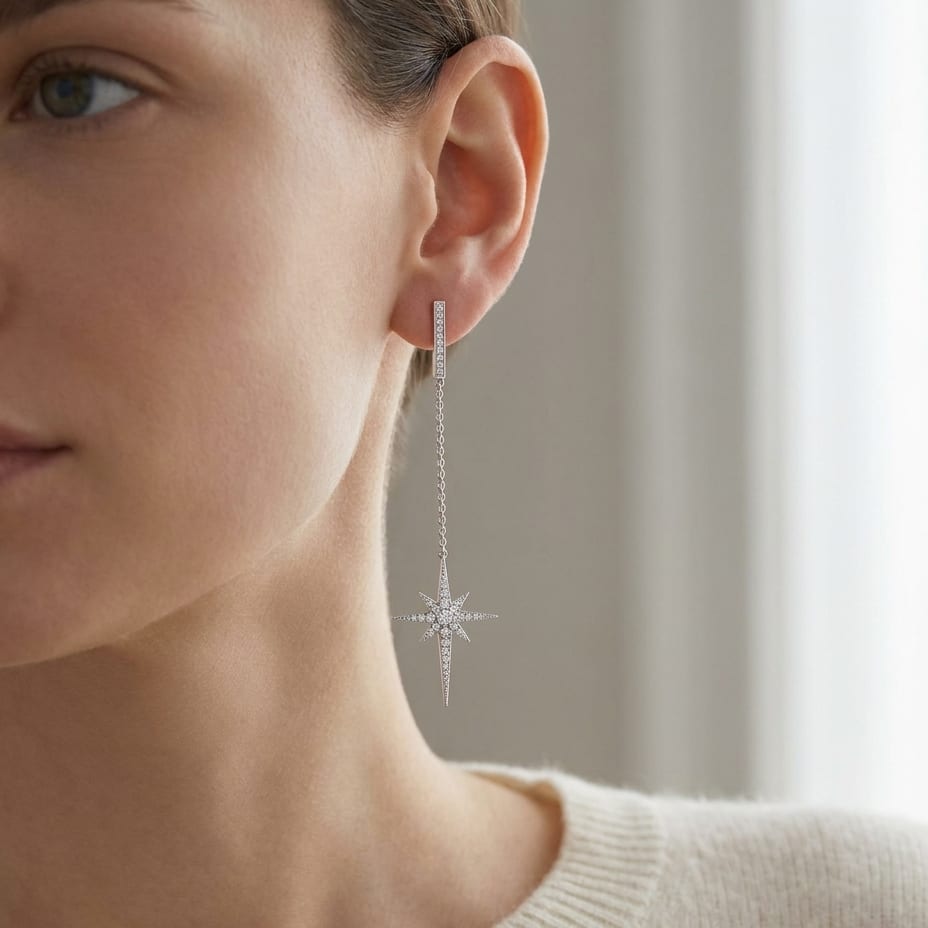 Diamond Pave Polaris Dangle Earrings With Bar Posts in 14K White Gold, worn close-up portrait