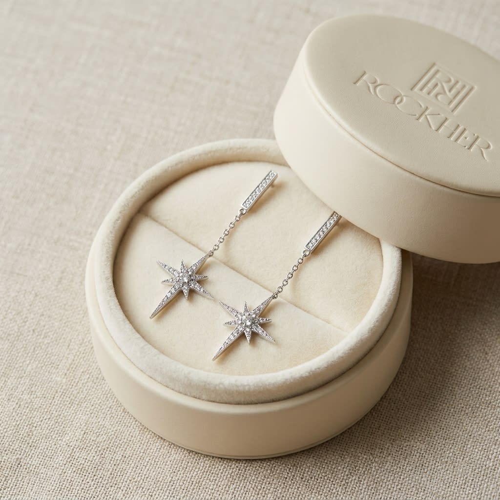 Diamond Pave Polaris Dangle Earrings With Bar Posts in 14K White Gold, in navy velvet jewelry box