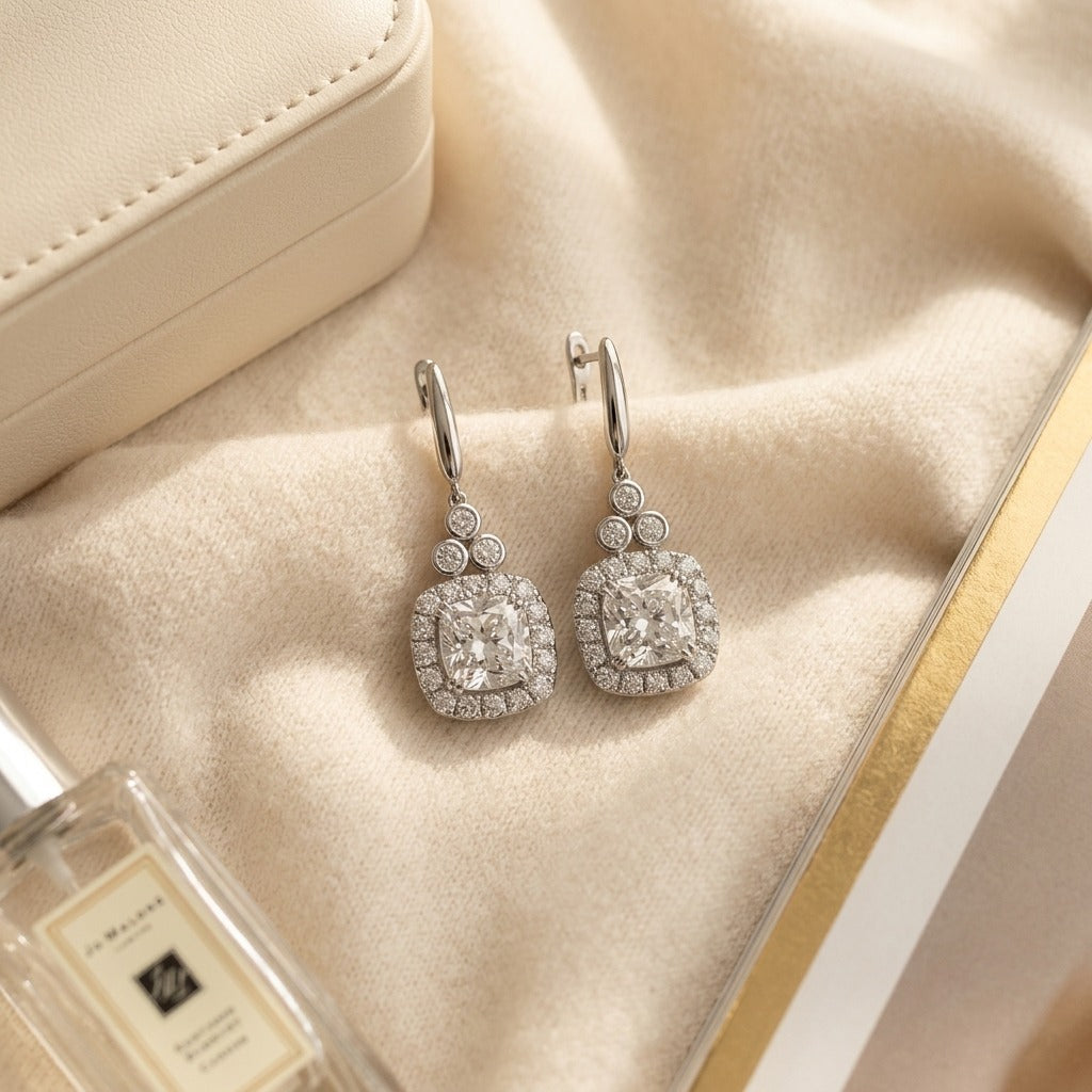 Tanzanite & Diamond Cushion Halo Earrings 1/3ctw in 14K White Gold - flat lay