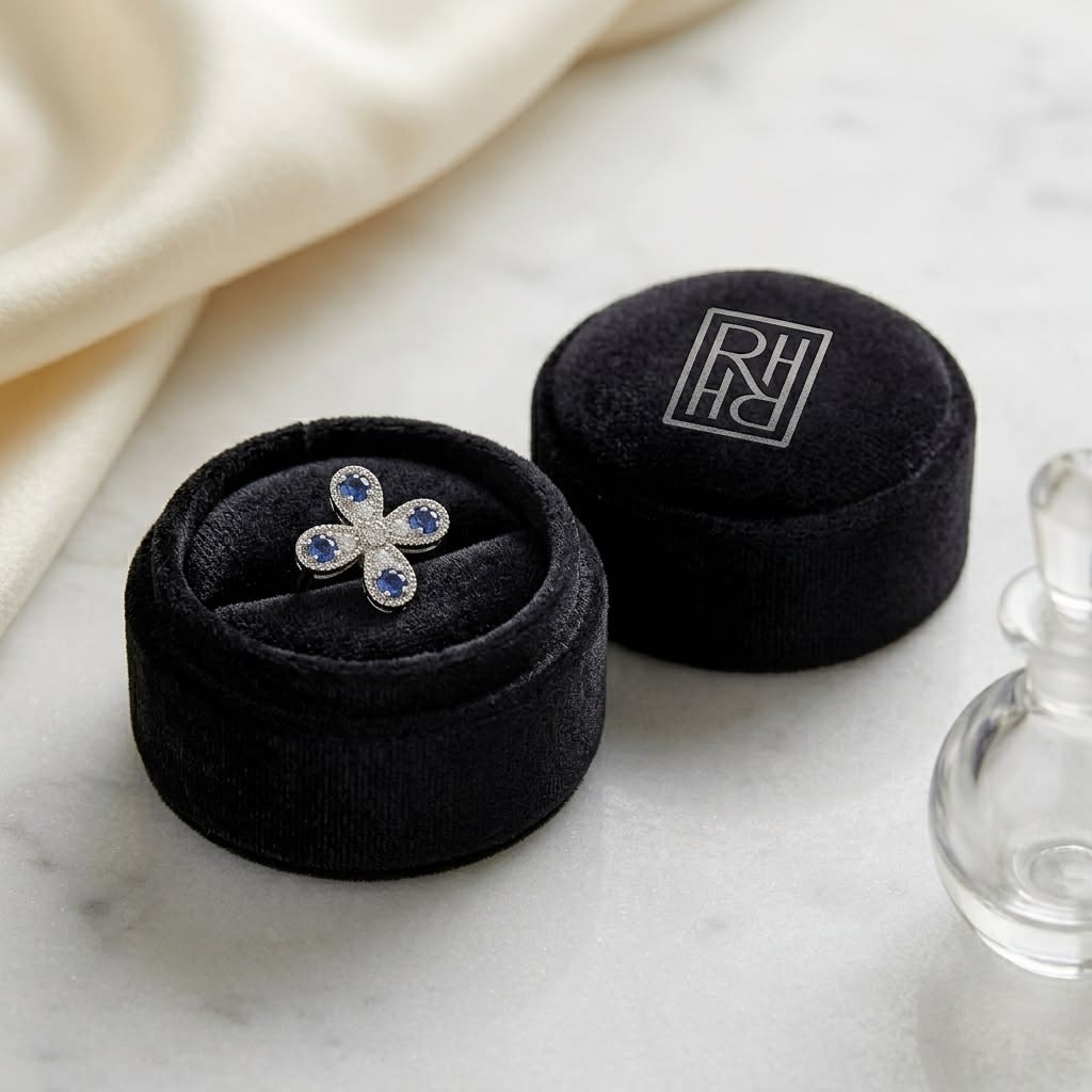 Sapphire and Diamond Clover Floral Stud Earrings in 14k White Gold 0.08ctw, in navy velvet jewelry box