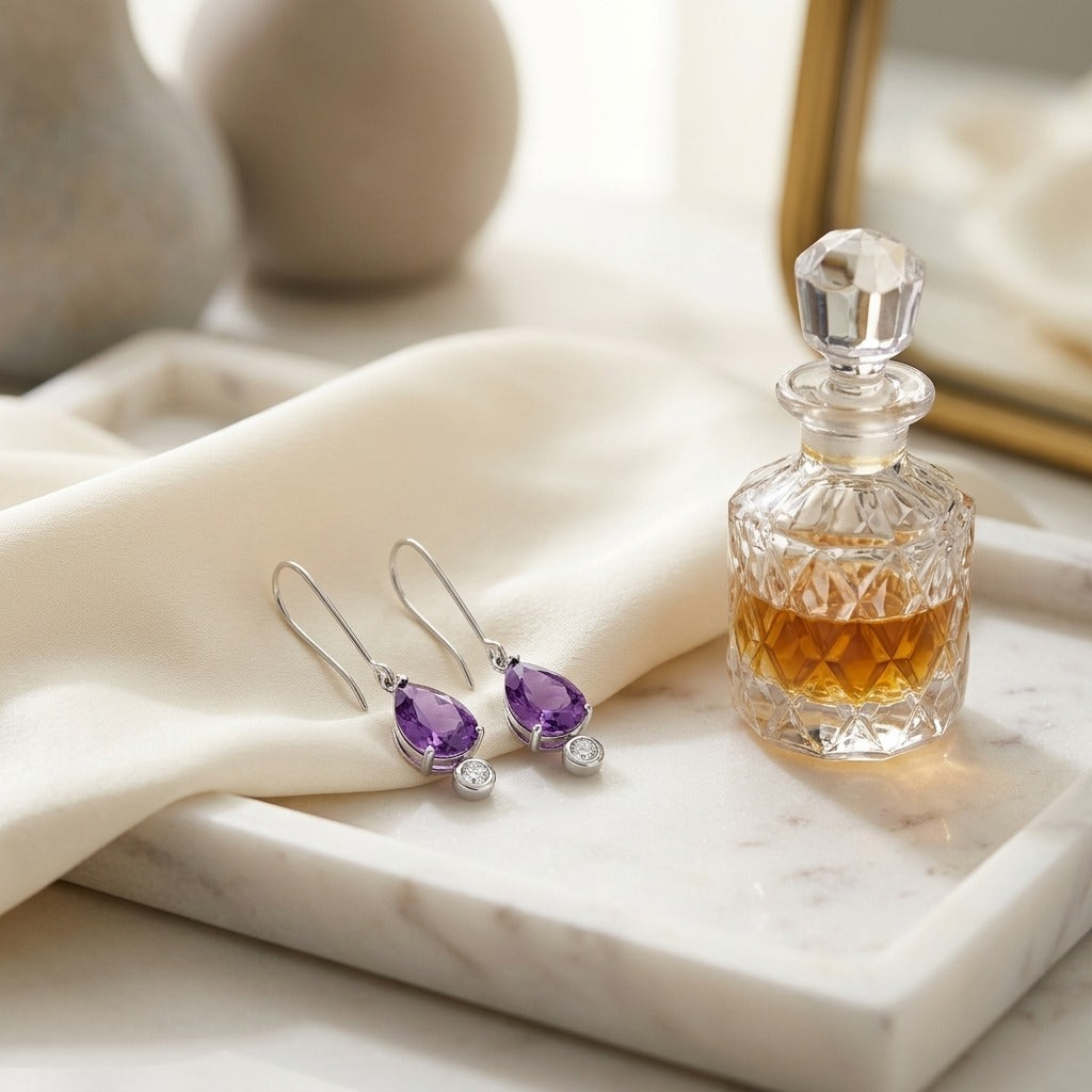 Amethyst & Bezel Diamond Teardrop Leverback Earrings 1/8ctw in 14K White Gold - lifestyle
