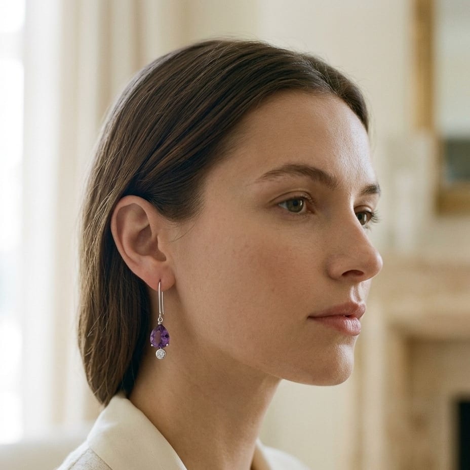 Amethyst & Bezel Diamond Teardrop Leverback Earrings 1/8ctw in 14K White Gold - editorial