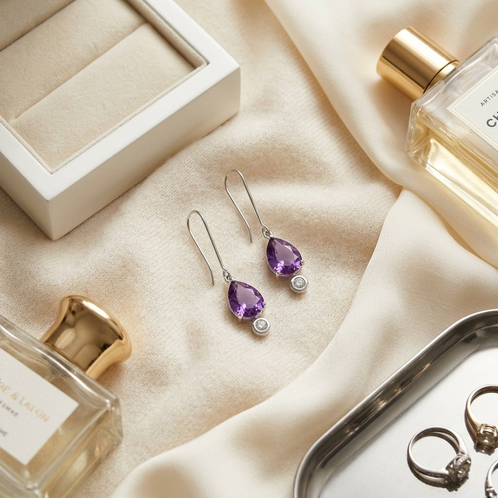 Amethyst & Bezel Diamond Teardrop Leverback Earrings 1/8ctw in 14K White Gold - flat lay