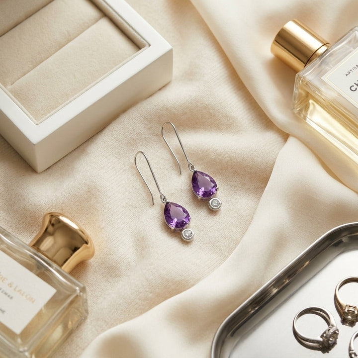 Amethyst & Bezel Diamond Teardrop Leverback Earrings 1/8ctw in 14K White Gold - flat lay