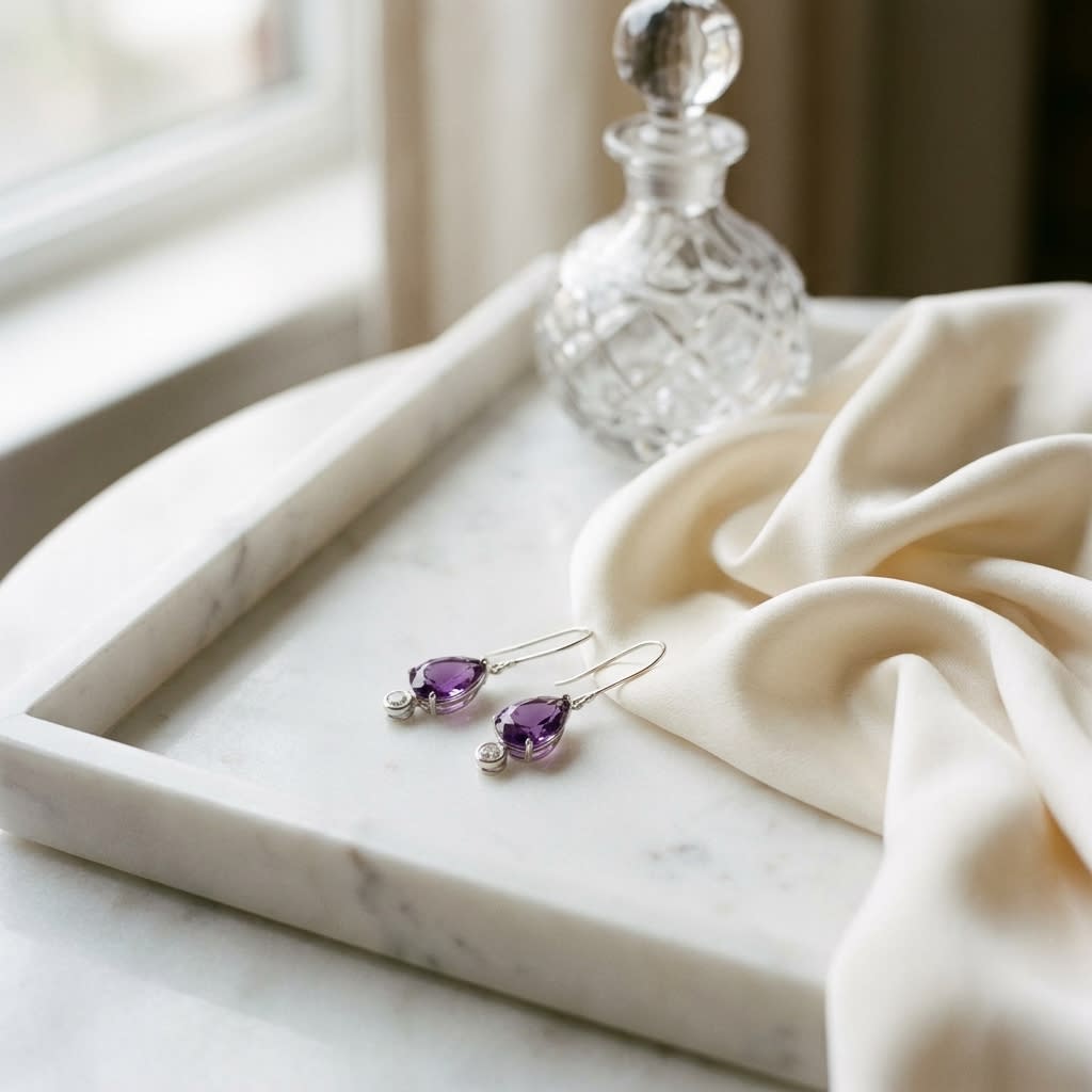 Amethyst and Bezel Diamond Teardrop Leverback Earrings in 14k White Gold 0.12ctw, on marble vanity tray with silk