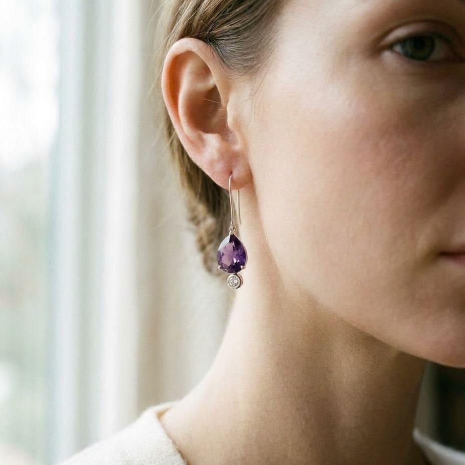 Amethyst and Bezel Diamond Teardrop Leverback Earrings in 14k White Gold 0.12ctw, worn close-up portrait