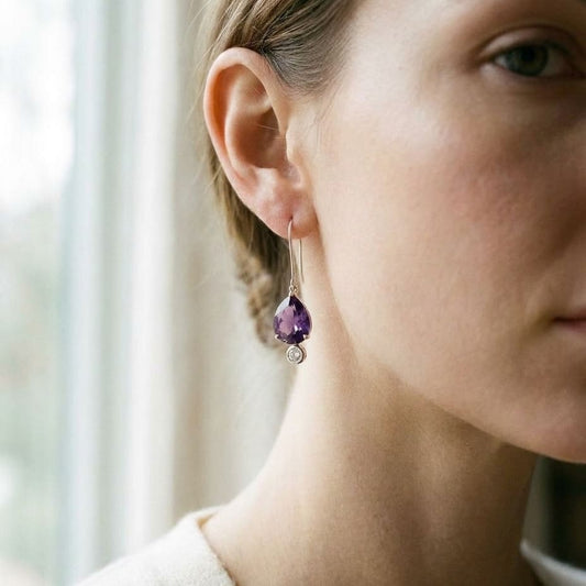 Amethyst and Bezel Diamond Teardrop Leverback Earrings in 14k White Gold 0.12ctw, worn close-up portrait