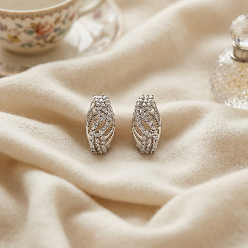 Diamond Weave Omega Back Earrings 7/8ctw in 14K White Gold - flat lay
