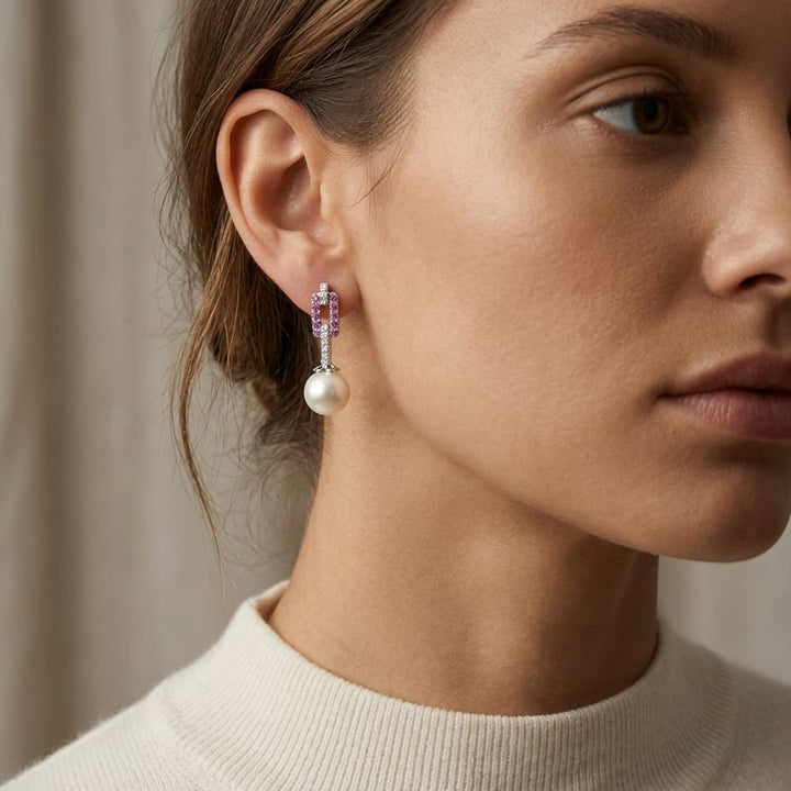 Freshwater Pearl & Pink Sapphire Earrings 0.09ctw in 14K White Gold - lifestyle