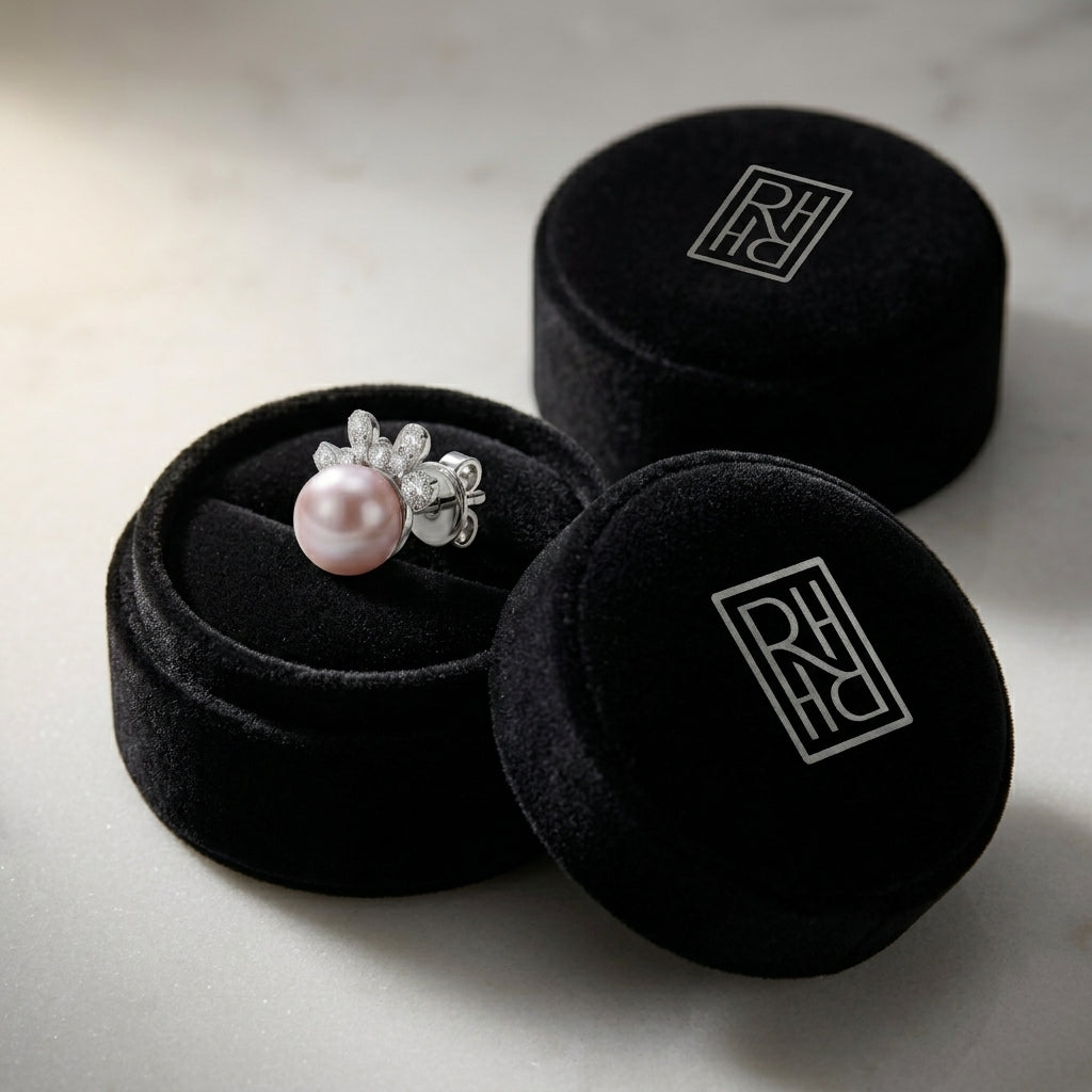 Freshwater Pink Pearl & Diamond Flair Earrings 1/4ctw in 14K White Gold - presentation