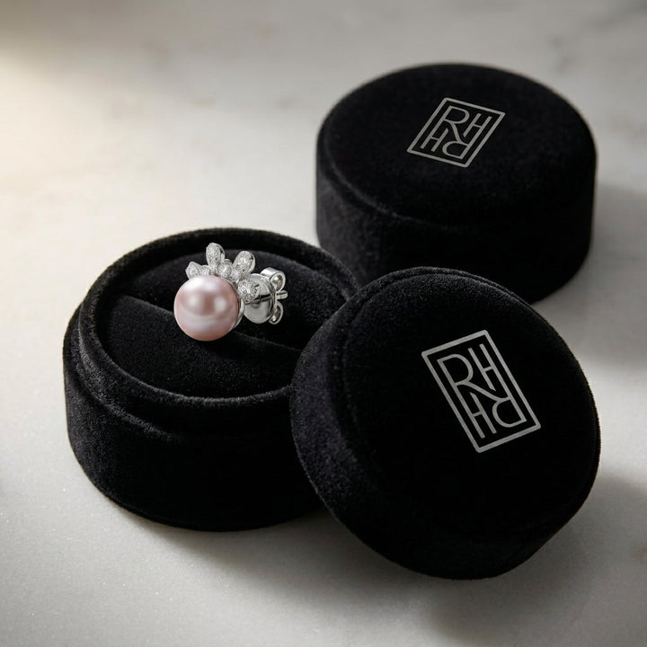 Freshwater Pink Pearl & Diamond Flair Earrings 1/4ctw in 14K White Gold - presentation