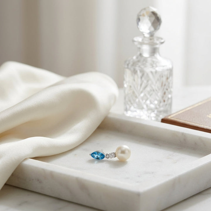 Freshwater Pearl Marquise Blue Topaz & Diamond Earring in 14K White Gold - lifestyle