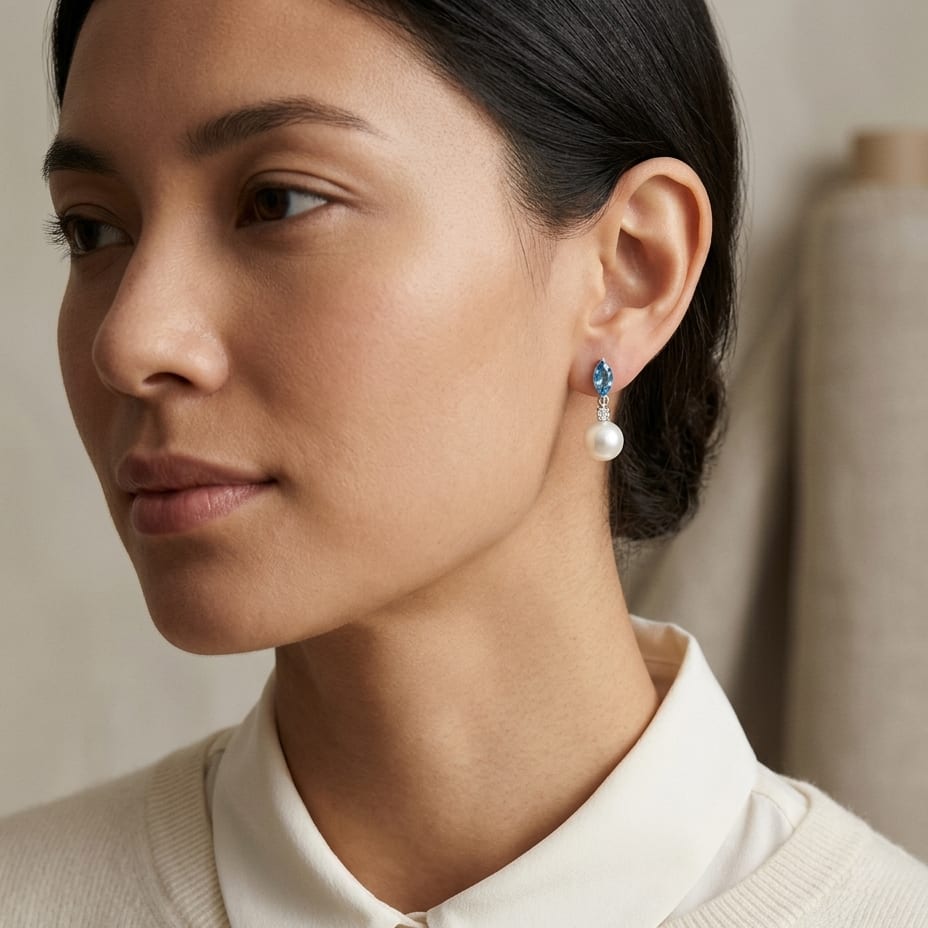 Freshwater Pearl Marquise Blue Topaz & Diamond Earring in 14K White Gold - editorial