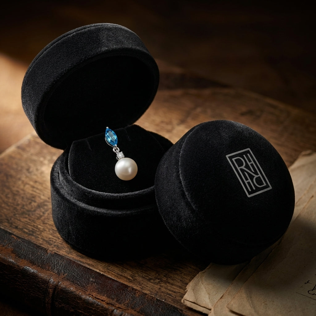 Freshwater Pearl Marquise Blue Topaz & Diamond Earring in 14K White Gold - presentation