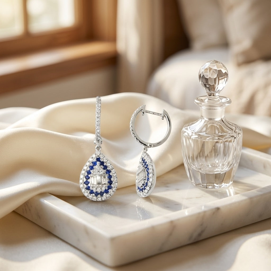 Sapphire & Diamond Pear Shape Dangle Earrings in 14K White Gold - editorial