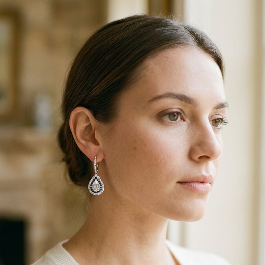 Sapphire & Diamond Pear Shape Dangle Earrings in 14K White Gold - lifestyle
