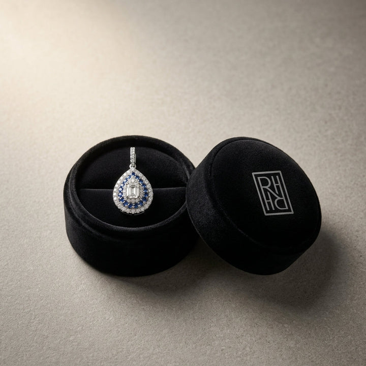 Sapphire & Diamond Pear Shape Dangle Earrings in 14K White Gold - presentation