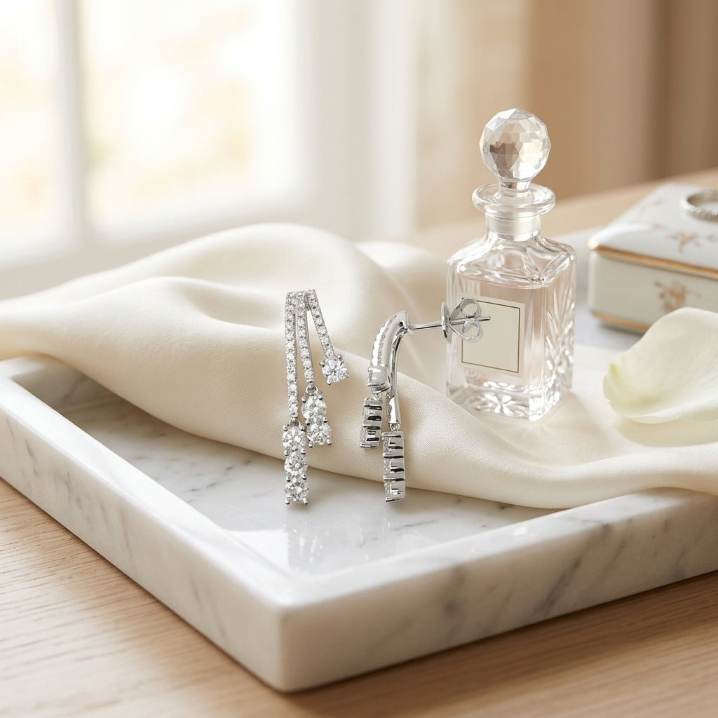 Diamond Three Strand Flair Earrings in 14K White Gold - editorial