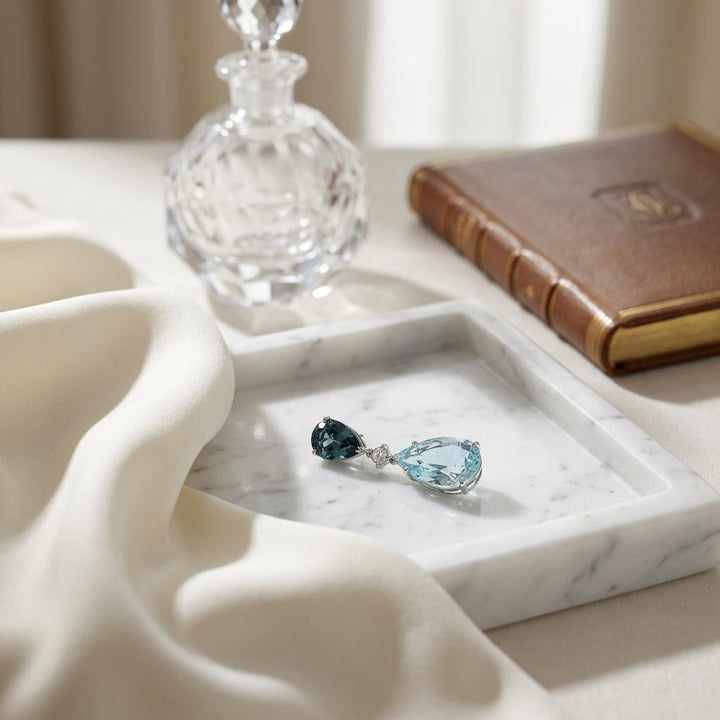 Swiss Blue Topaz, London Blue Topaz Pear Shape & Diamond Drop Earrings 0.02ctw in 14K White Gold - lifestyle