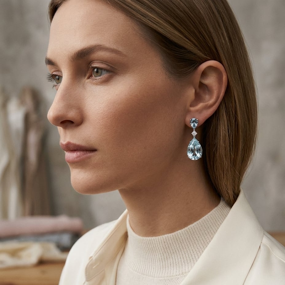 Swiss Blue Topaz, London Blue Topaz Pear Shape & Diamond Drop Earrings 0.02ctw in 14K White Gold - editorial