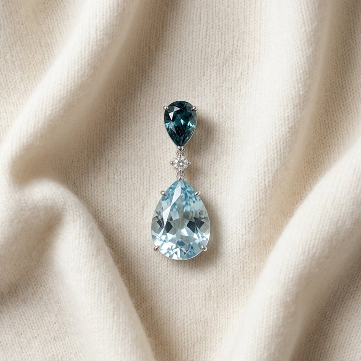 Swiss Blue Topaz, London Blue Topaz Pear Shape & Diamond Drop Earrings 0.02ctw in 14K White Gold - flat lay