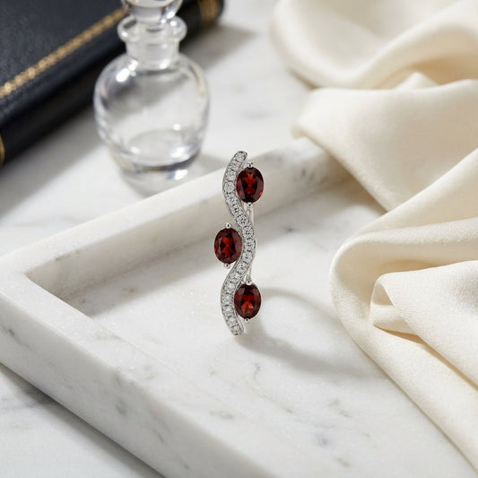Garnet & Diamond Wave Hinged Hoop Earrings 1/4ctw in 14K White Gold - editorial