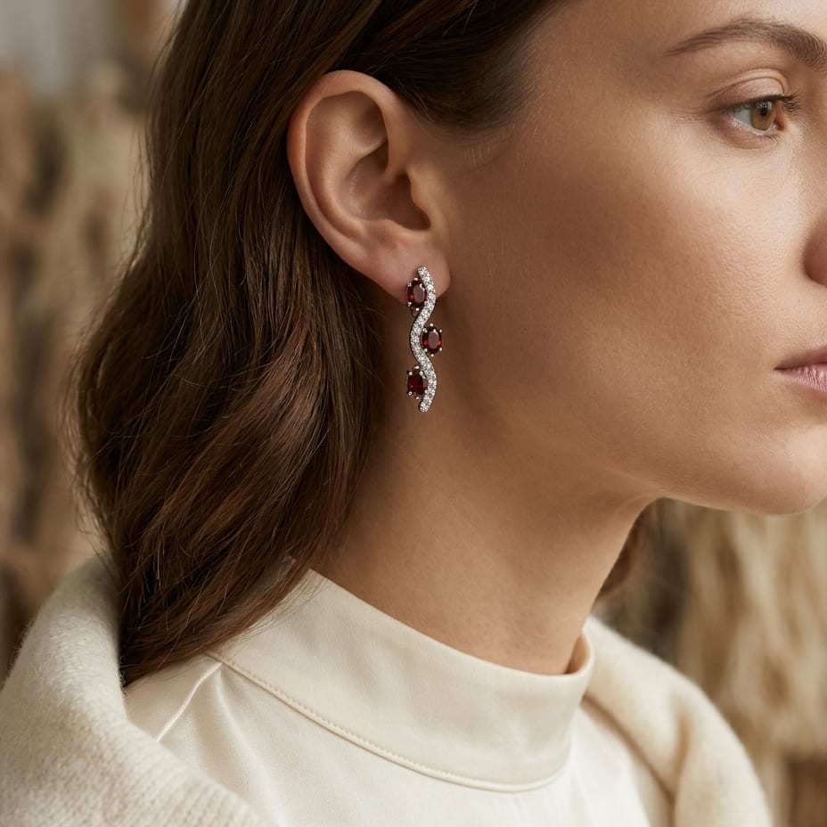 Garnet & Diamond Wave Hinged Hoop Earrings 1/4ctw in 14K White Gold - lifestyle