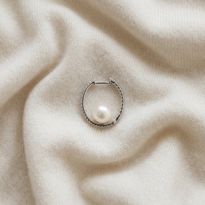 Cultured Pearl & Diamond Inside Out Hoop Earrings 1/3ctw in 14K White Gold - flat lay