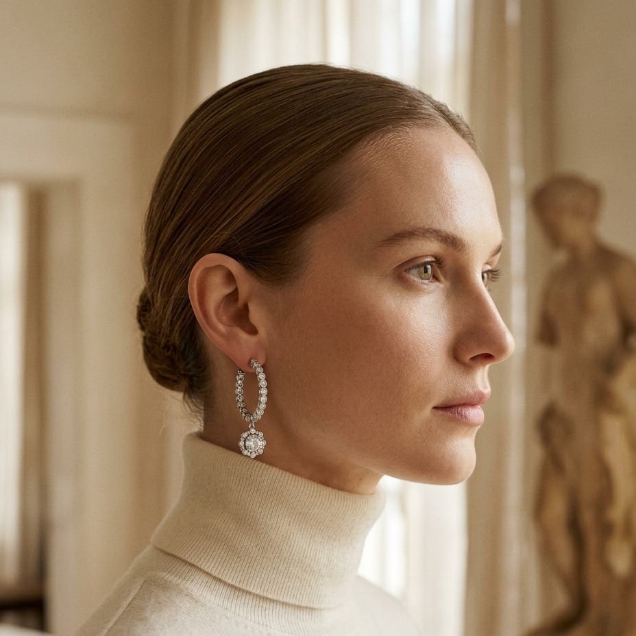 Diamond Dangle Halo Earrings 1-1/2ctw Round Brillliant Diamonds in 14K White Gold - lifestyle