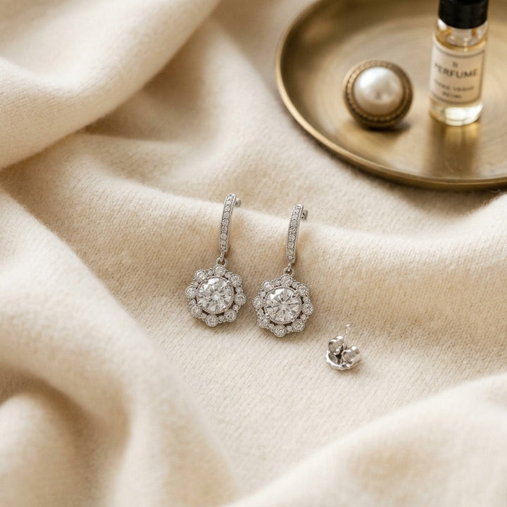 Diamond Dangle Halo Earrings 1-1/2ctw Round Brillliant Diamonds in 14K White Gold - flat lay
