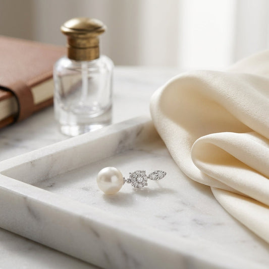 Akoya Pearl & Diamond Dangle Earrings 3/8ctw in 14K White Gold - editorial