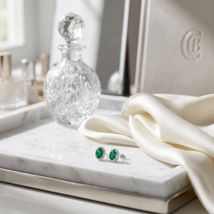 Created Emerald & Diamond Oval Halo Stud Earrings 1/5ctw in 14K White Gold - lifestyle