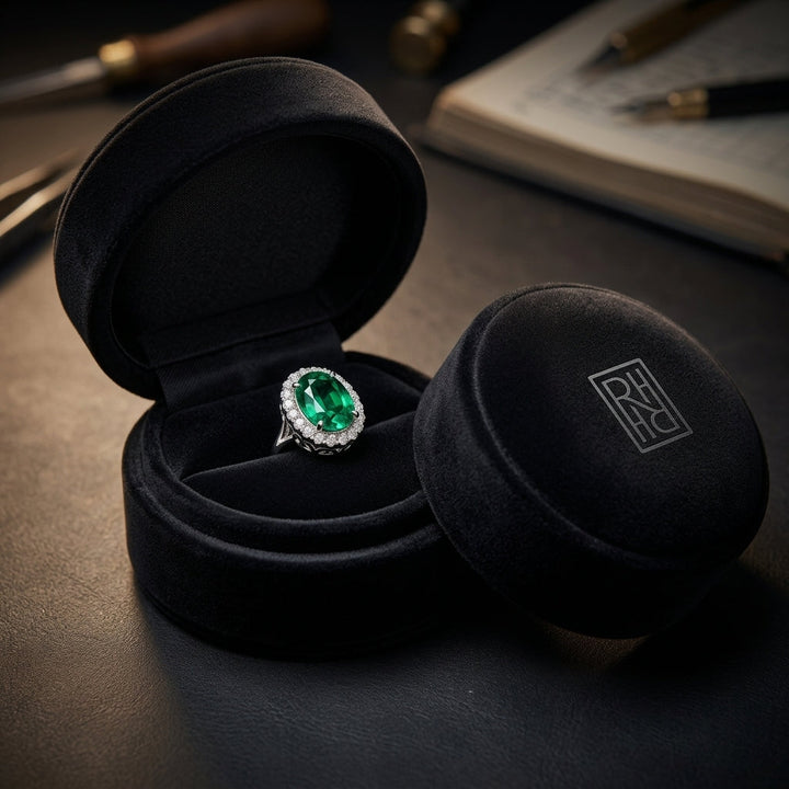 Created Emerald & Diamond Oval Halo Stud Earrings 1/5ctw in 14K White Gold - presentation