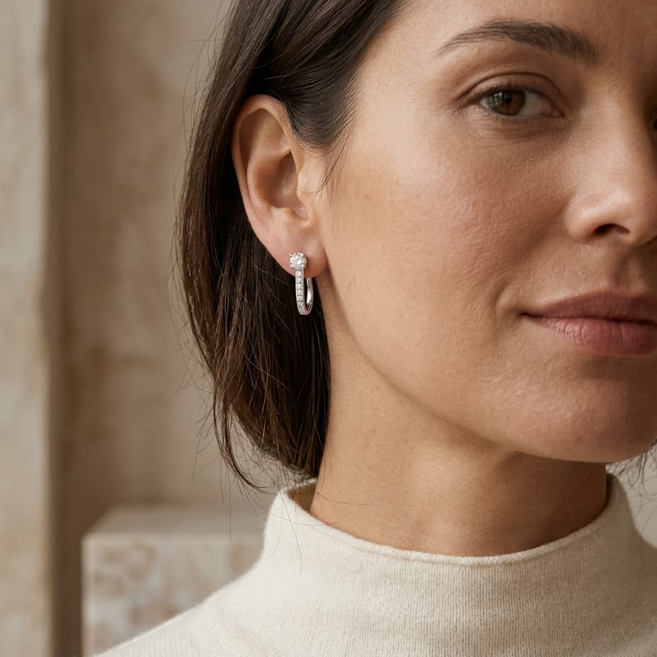 Diamond Hinged Back J Hoop Earrings 4/5ctw in 14K White Gold - editorial