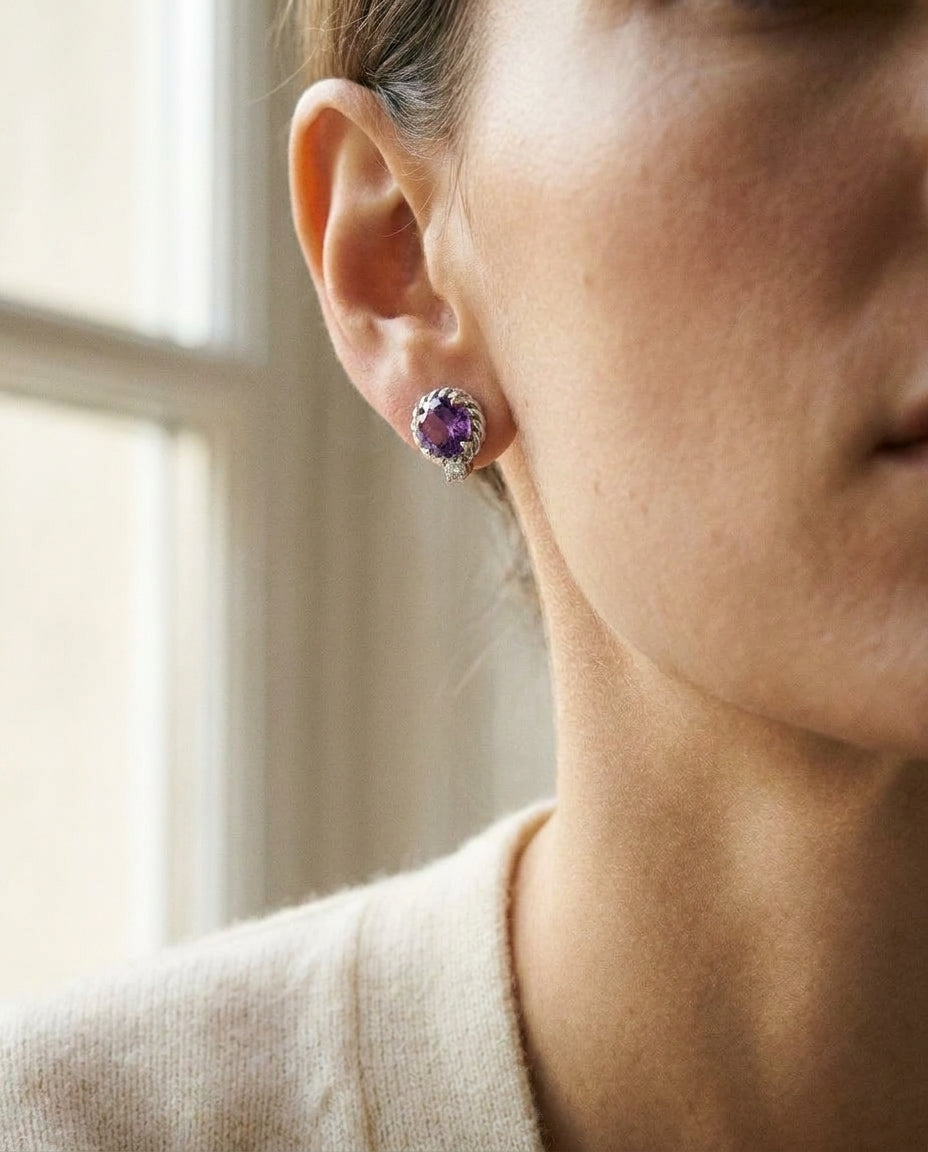 Amethyst and Diamond Ripple Edge Halo Stud Earrings in 14k White Gold 0.19ctw, worn close-up portrait