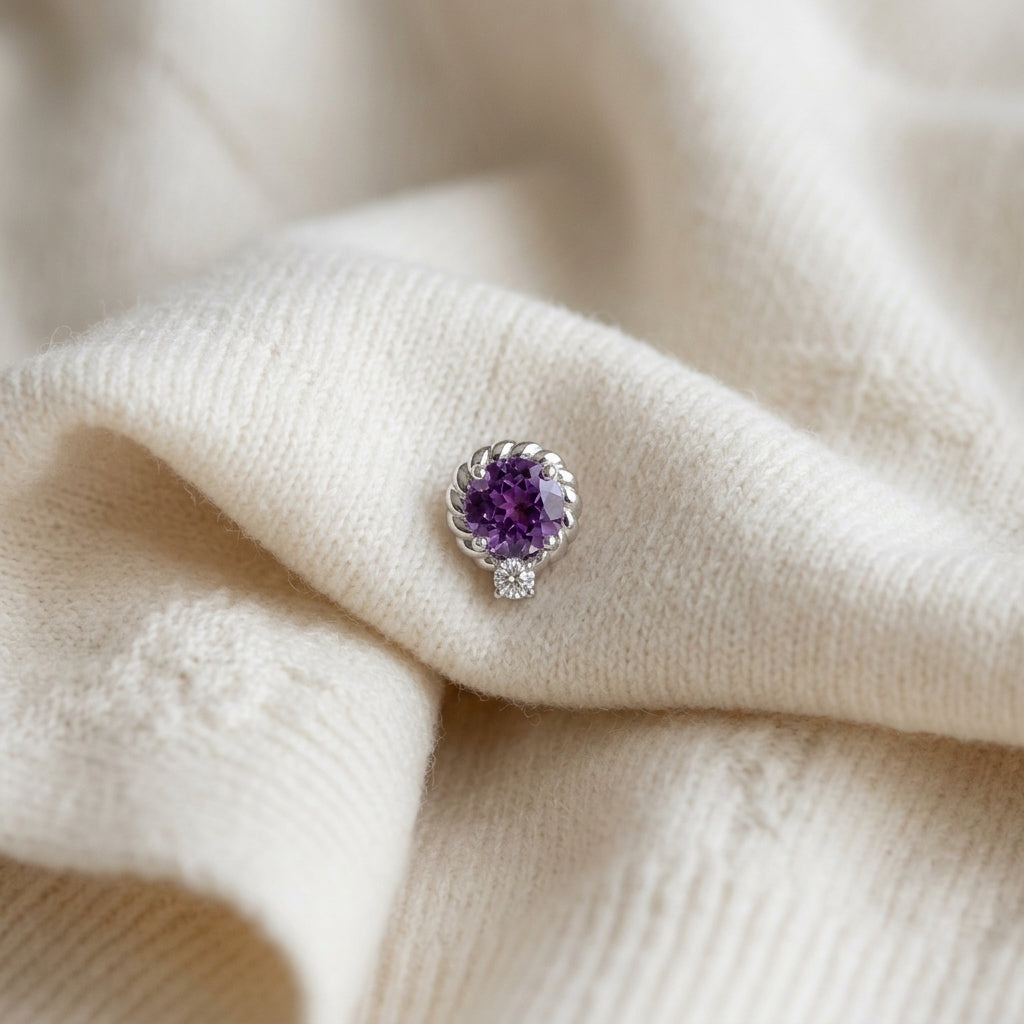 Amethyst & Diamond Ripple Edge Halo Stud Earrings 1/5ctw in 14K White Gold - flat lay