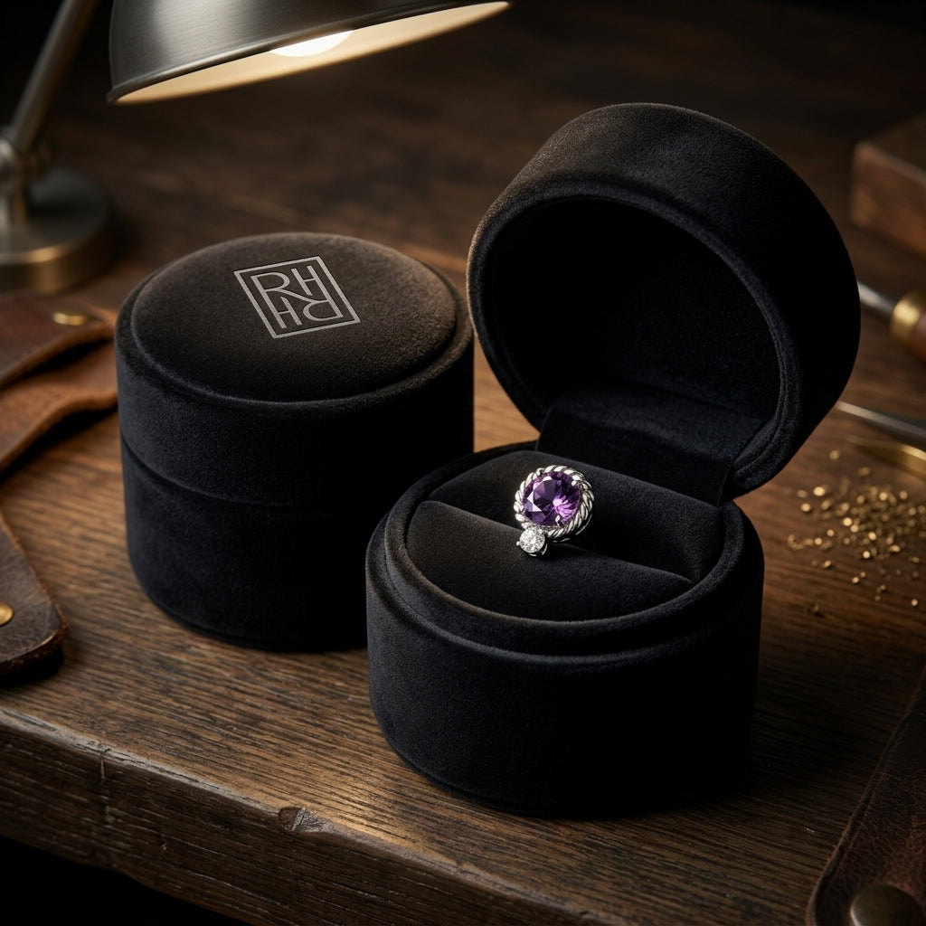 Amethyst and Diamond Ripple Edge Halo Stud Earrings in 14k White Gold 0.19ctw, in navy velvet jewelry box
