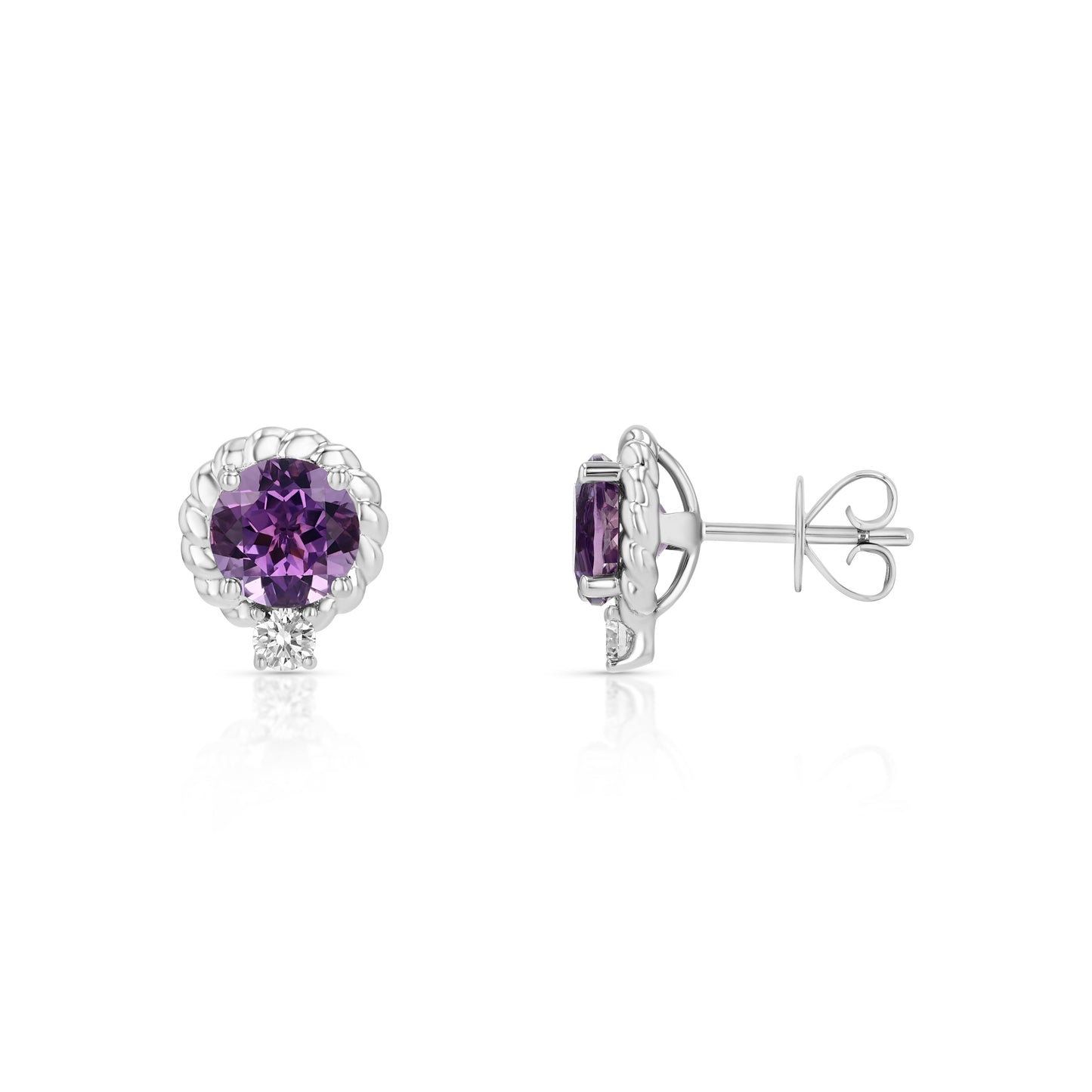 Amethyst and Diamond Ripple Edge Halo Stud Earrings in 14k White Gold 0.19ctw – side profile | RockHer