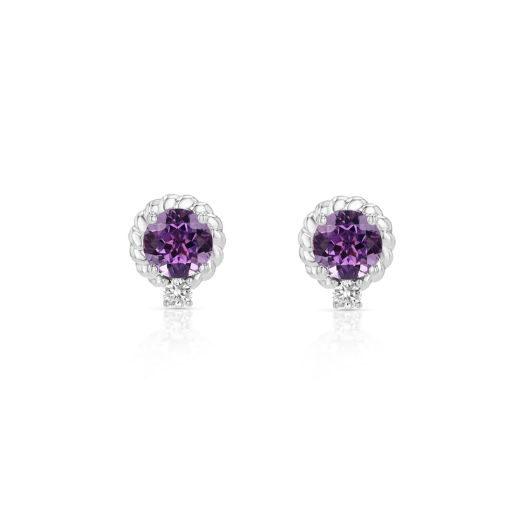 Amethyst and Diamond Ripple Edge Halo Stud Earrings in 14k White Gold 0.19ctw – detail view | RockHer