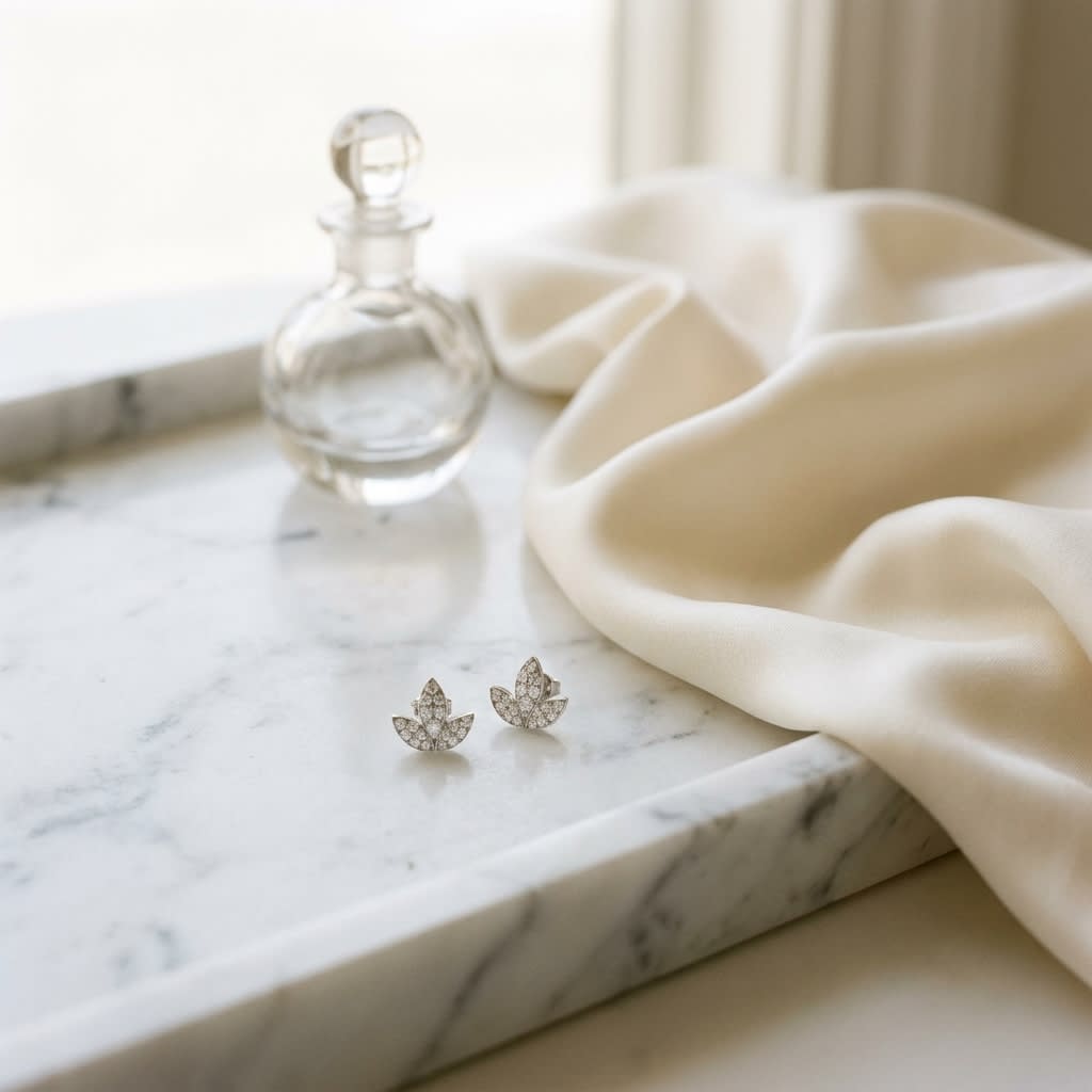 Diamond Floral Tulip Stud Earrings in 14k White Gold 0.68ctw, on marble vanity tray with silk