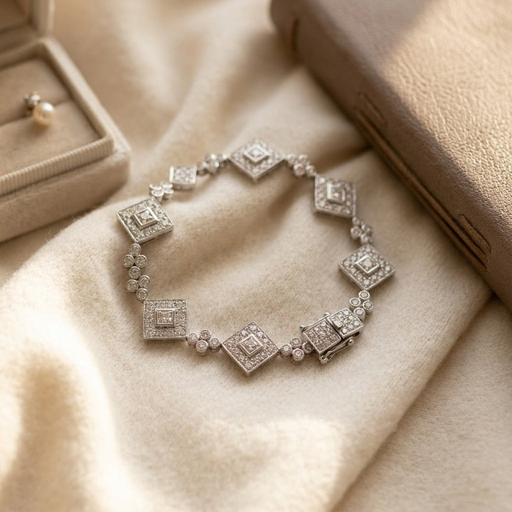 Diamond Geometric & Circle Bracelet in 14K White Gold - flat lay