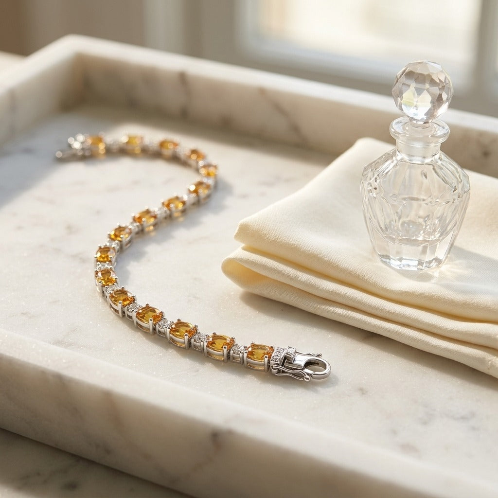 Citrine & Diamond Oval Bracelet with Round Prong Links in 14K White Gold - lifestyle